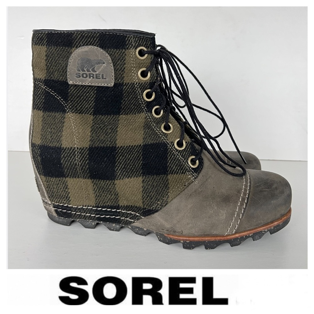 SOREL Women Olive Green Plaid Wedge Waterproof Lace Up Booties Ankle Boots Sz 12